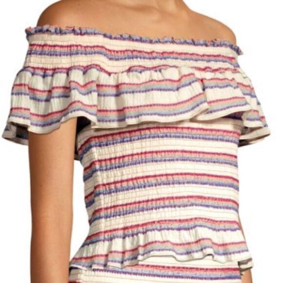 PARKER Lizette Smocked Crop Off the Shoulder Top Cabana Stripe Red Blue Sz Small - Picture 2 of 9